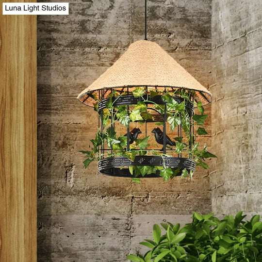 Vintage Black/Rust Finish Rope Pendant Ceiling Light Kit With Flower/Vine Deco - 1-Bulb House