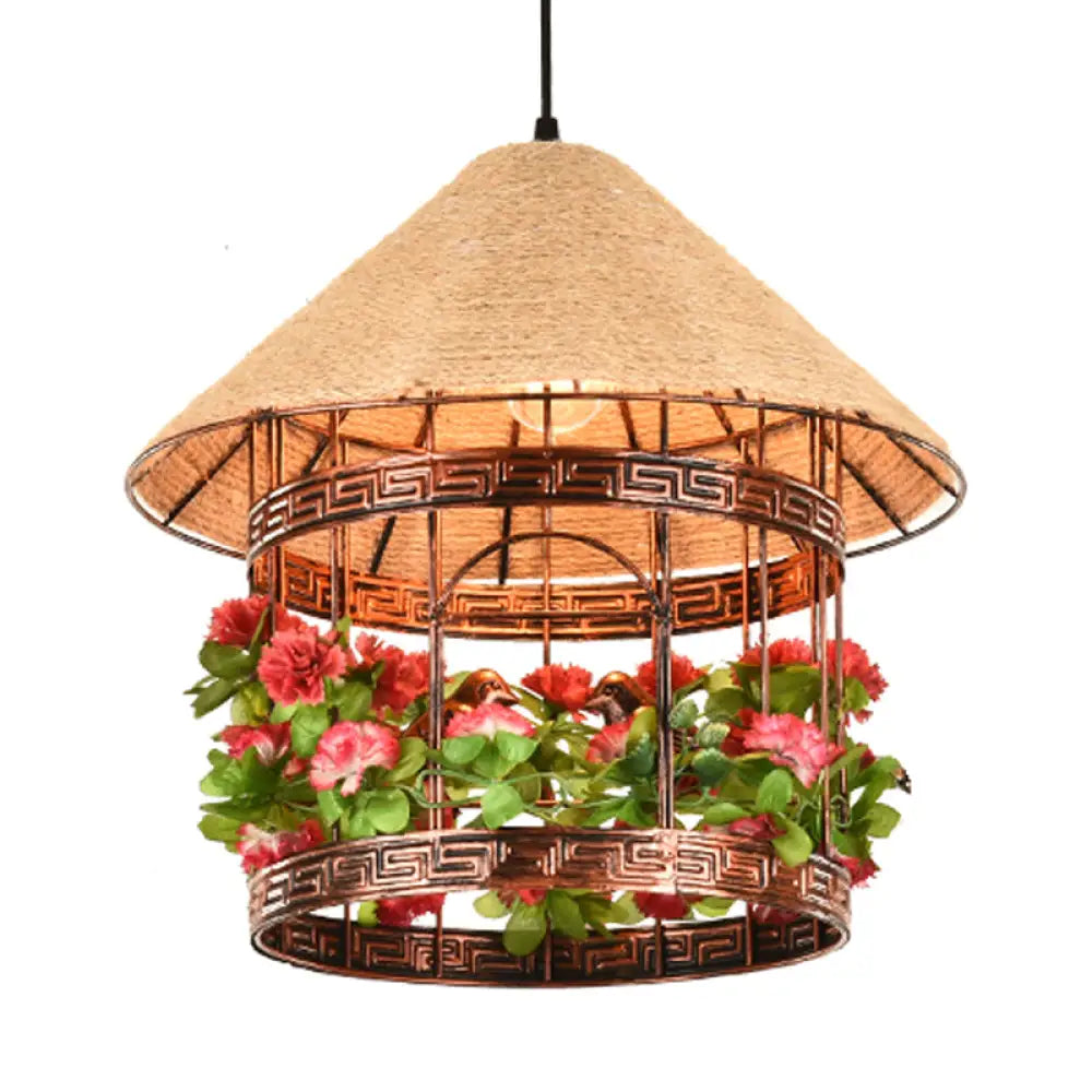 Vintage Black/Rust Finish House Pendant Ceiling Light With Rope Hanging And Flower/Vine Deco -
