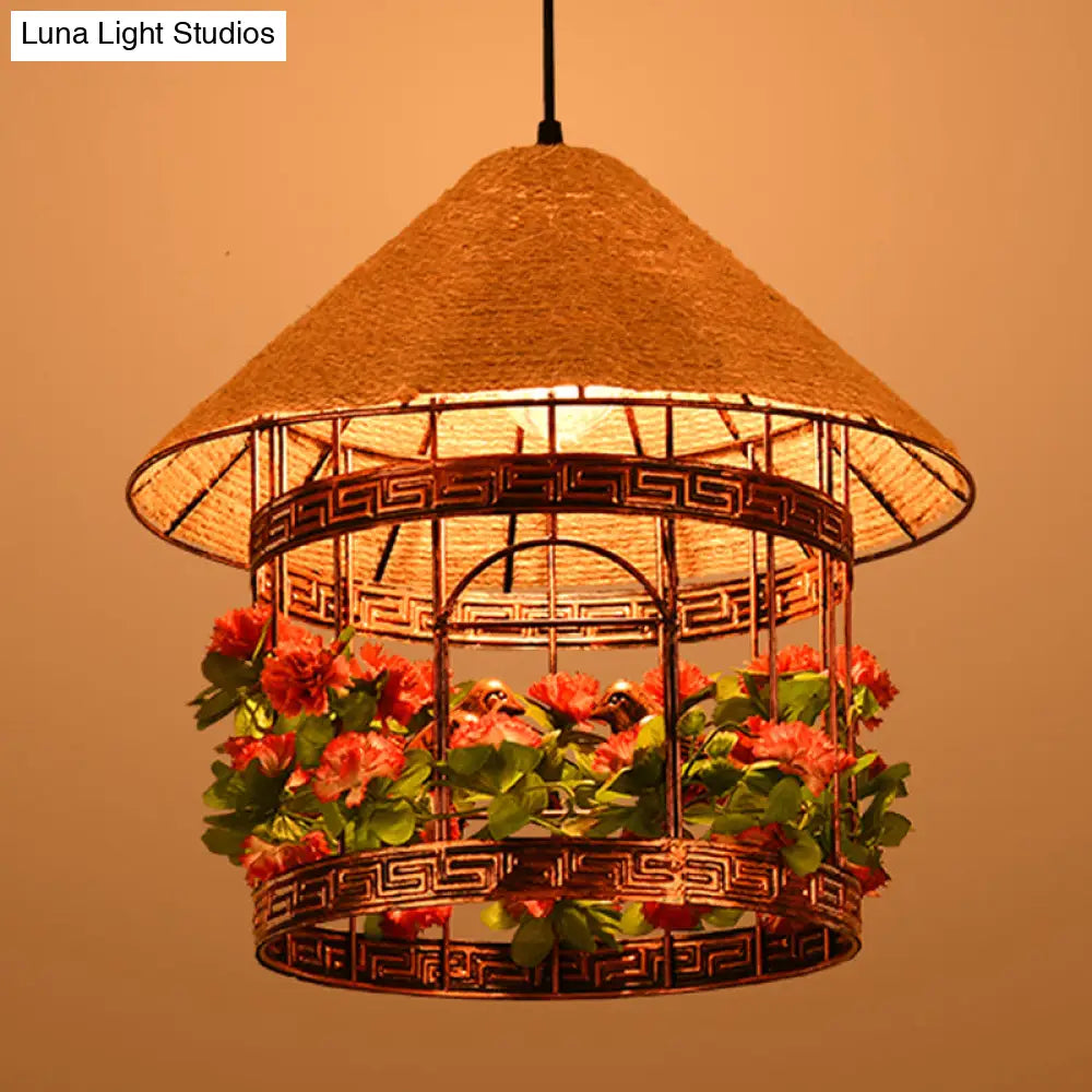 Vintage Black/Rust Finish House Pendant Ceiling Light With Rope Hanging And Flower/Vine Deco -