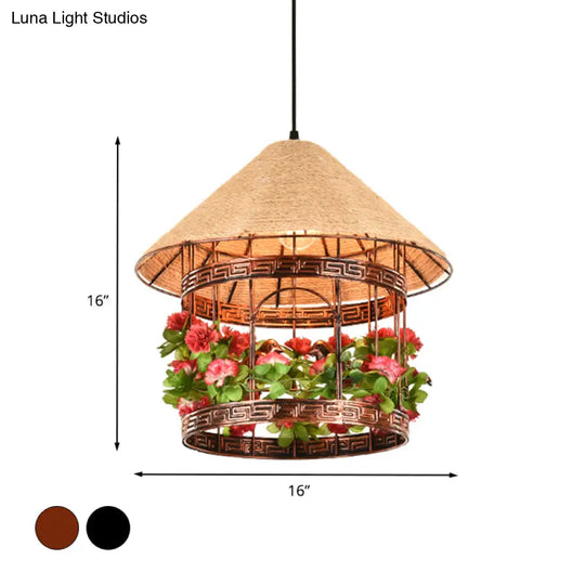 Vintage Black/Rust Finish House Pendant Ceiling Light With Rope Hanging And Flower/Vine Deco -