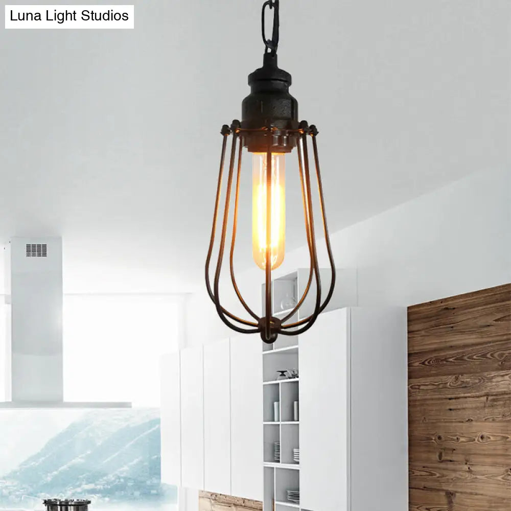 Vintage Black/Rust Pendant Ceiling Lamp With Caged Metal Shade - 1 Light Bedroom Fixture Black