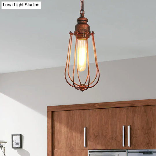 Vintage Black/Rust Pendant Ceiling Lamp With Caged Metal Shade - 1 Light Bedroom Fixture Rust