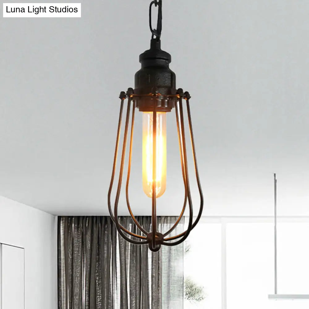 Vintage Black/Rust Pendant Ceiling Lamp With Caged Metal Shade - 1 Light Bedroom Fixture