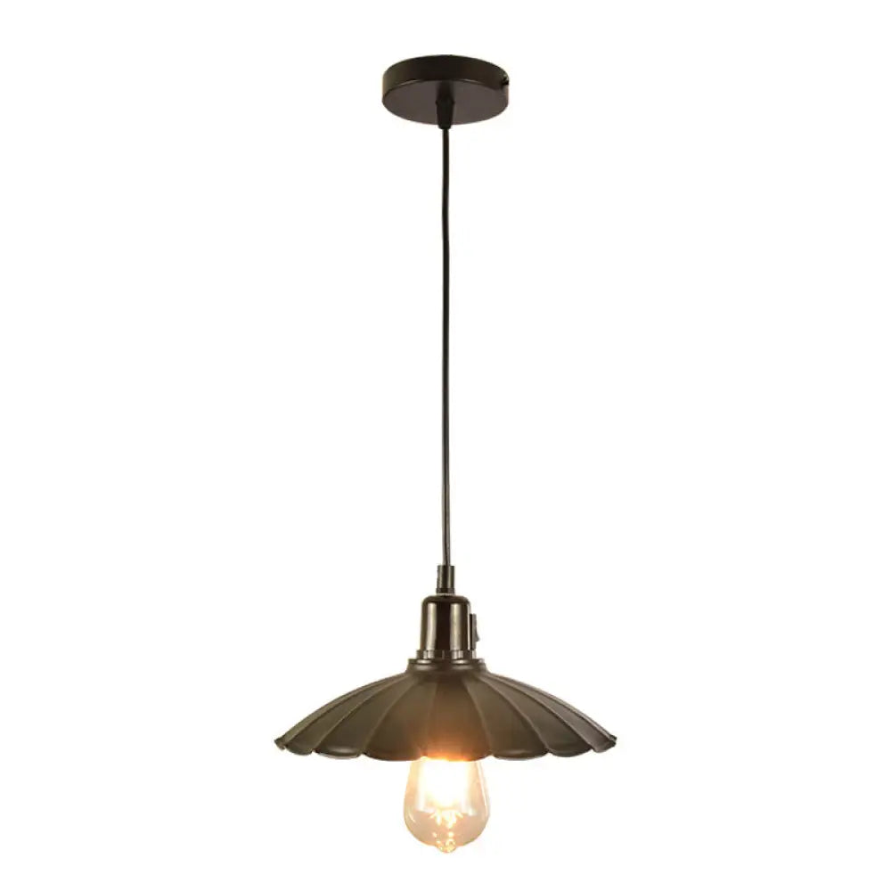 Vintage Black Scalloped Pendant Light - Metal 1-Light Suspension Lighting For Dining Room / Downrods