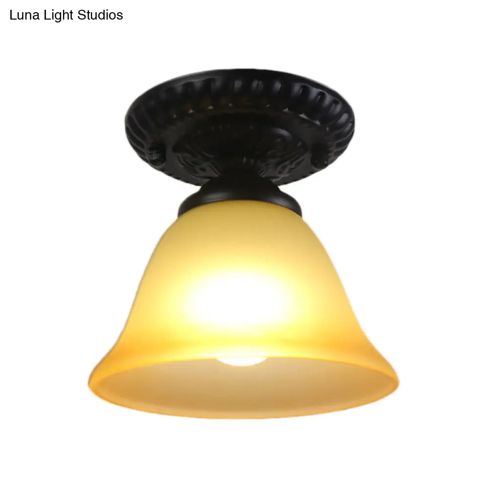 Vintage Black Semi Flush Ceiling Light With Bell Shade Opal/Amber Glass - Ideal For Living Room