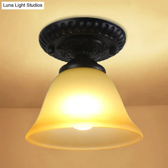 Vintage Black Semi Flush Ceiling Light With Bell Shade Opal/Amber Glass - Ideal For Living Room