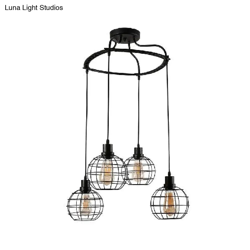 Vintage Black Wire Cage Ceiling Light With Globe Shade 3/4/5 Head Options