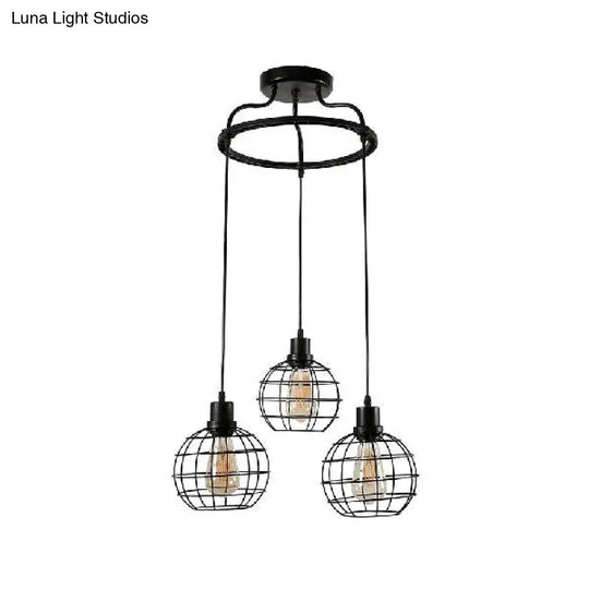 Vintage Black Wire Cage Ceiling Light With Globe Shade - 3/4/5 Heads Metal Suspended Lamp