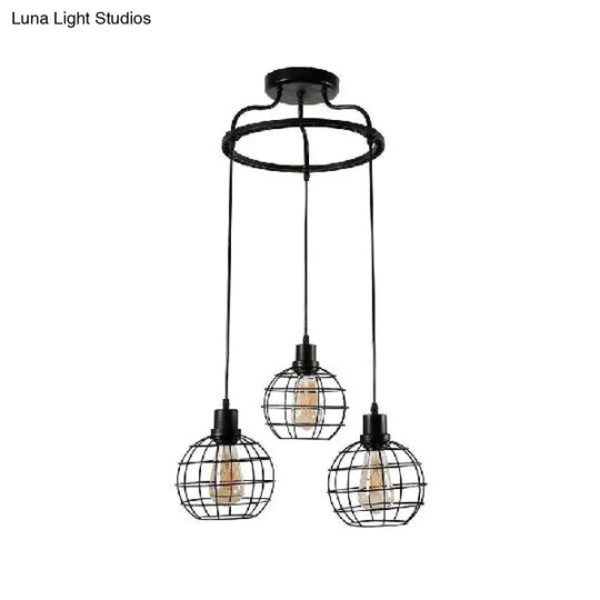 Vintage Black Wire Cage Ceiling Light With Globe Shade 3/4/5 Head Options