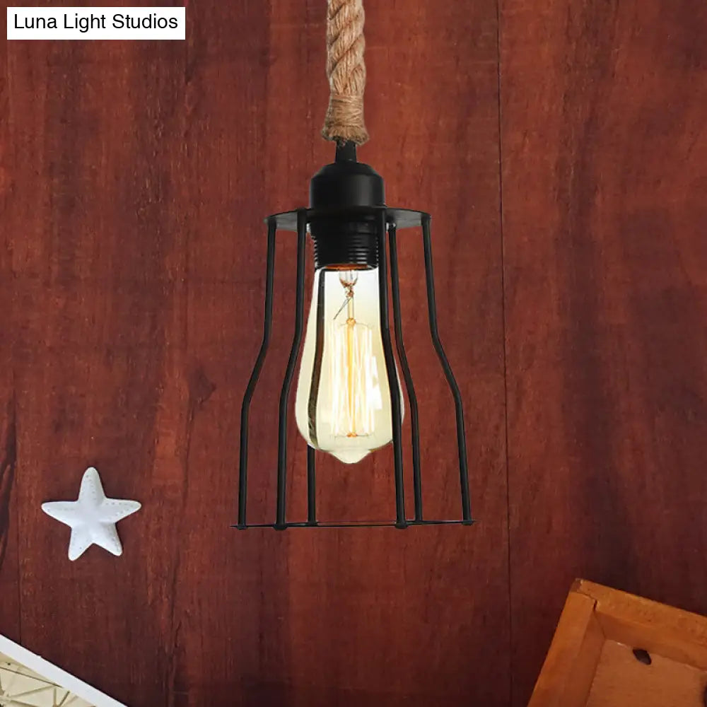 Vintage Metallic Hanging Cage Pendant Light With Rope Cord For Dining Room