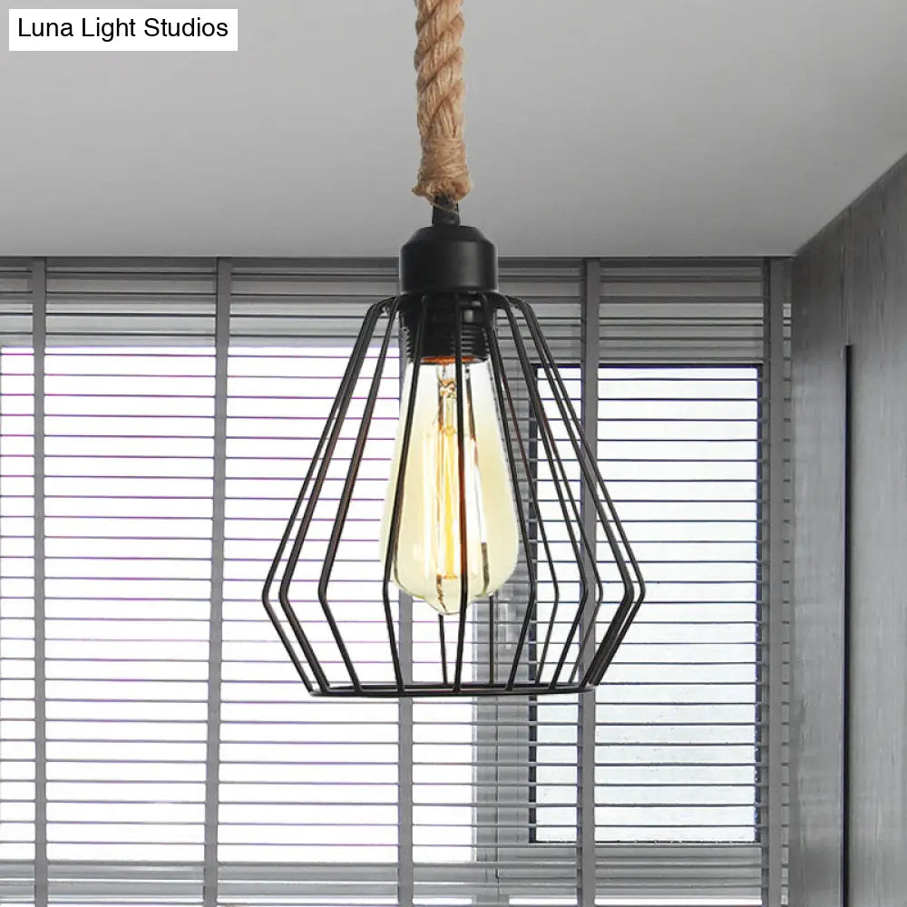 Vintage Metallic Hanging Cage Pendant Light With Rope Cord For Dining Room