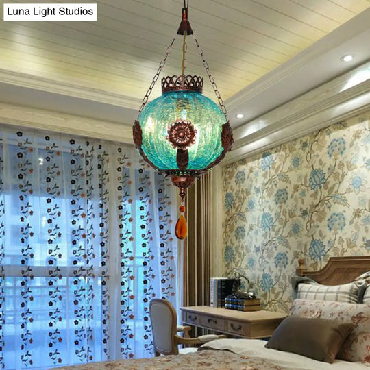 Vintage Blue Crackle Glass Sphere Pendant Light - 1-Light Suspension