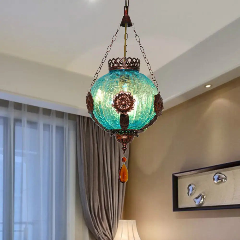 Vintage Blue Crackle Glass Sphere Pendant Light - 1-Light Suspension