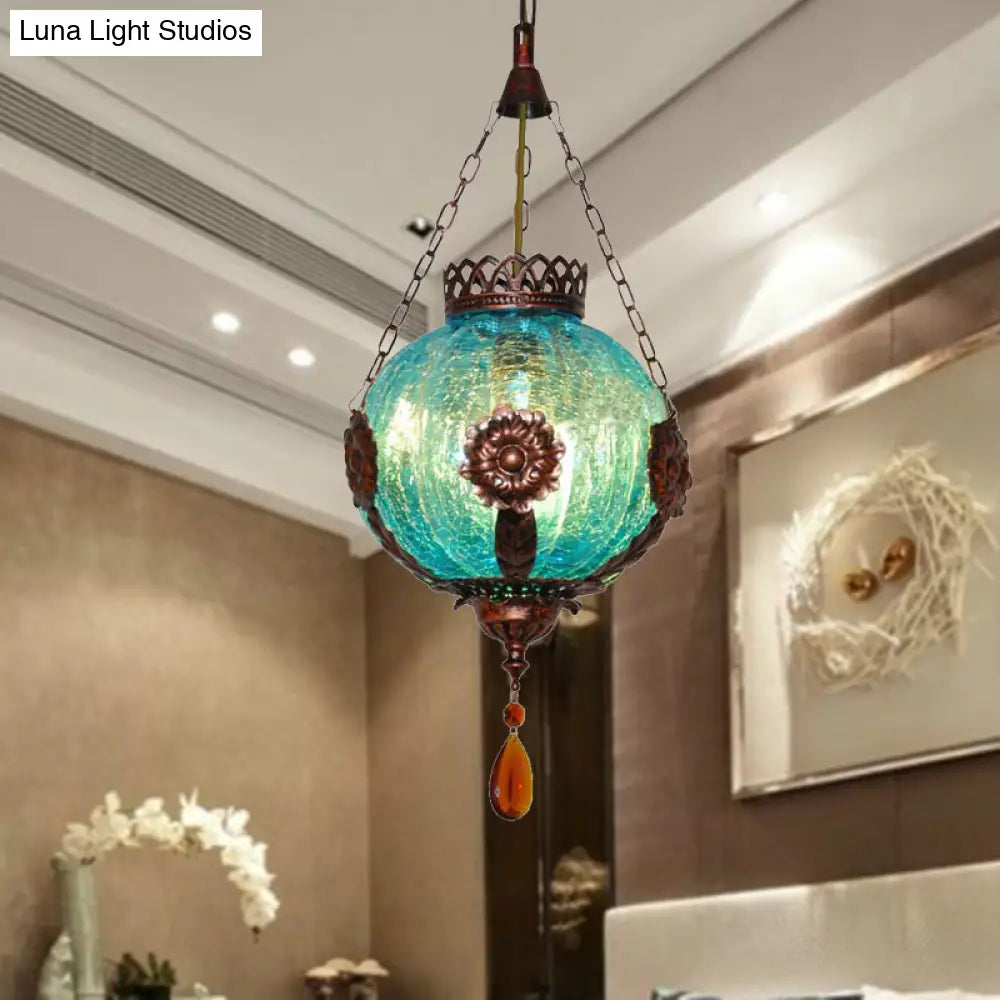 Vintage Blue Crackle Glass Sphere Pendant Light - 1-Light Suspension