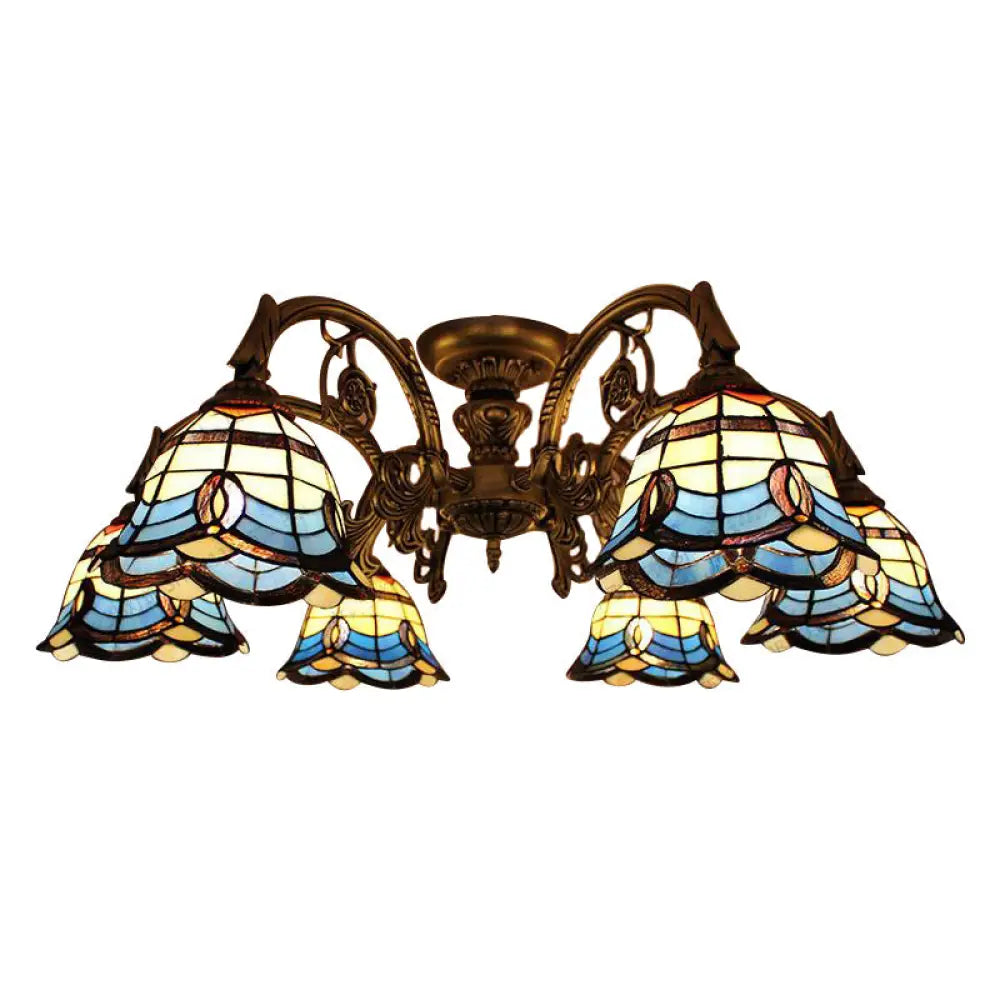 Vintage Blue Glass Tiffany Semi Flush Ceiling Light With 6/9 Baroque Design Lights - Ideal For