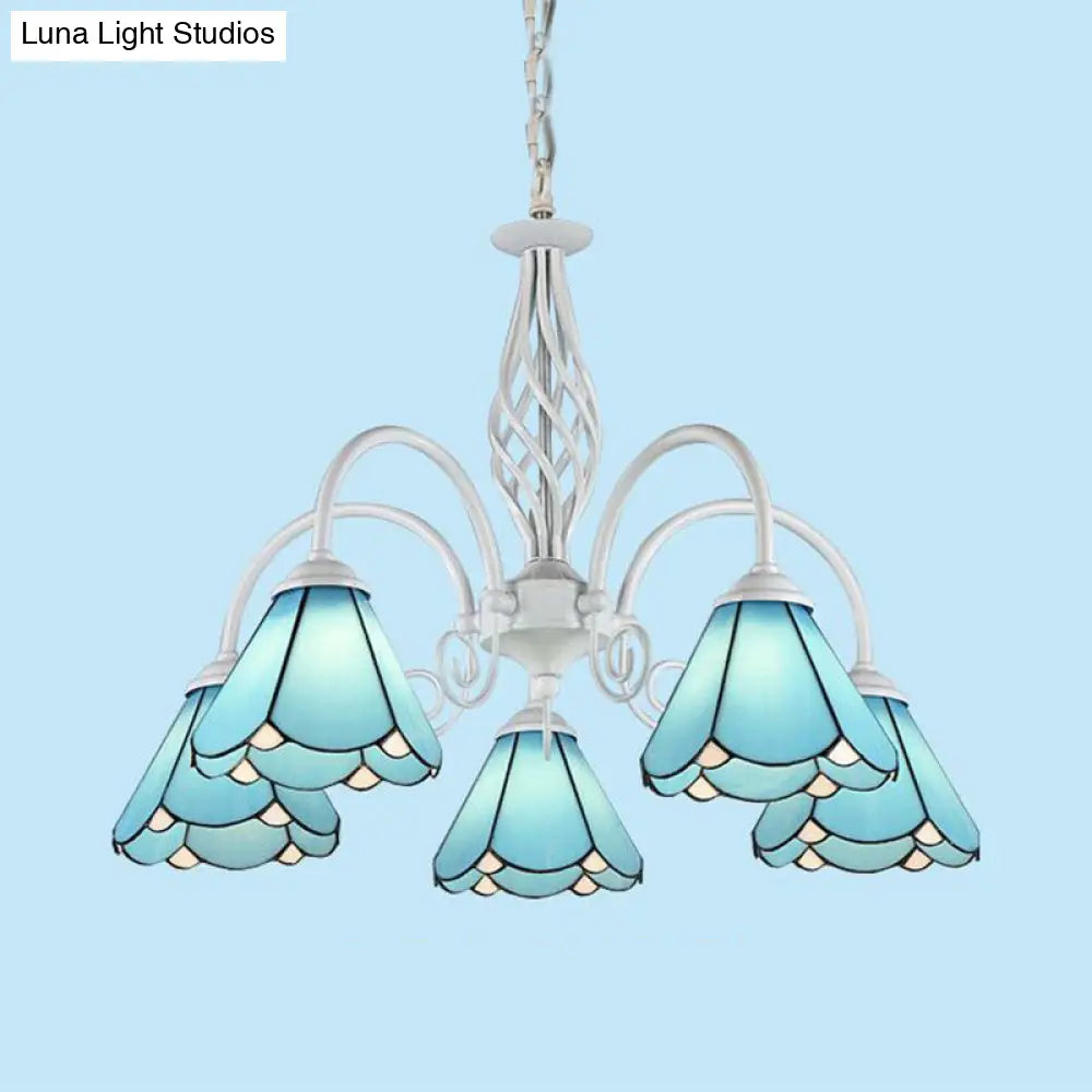 Blue Stained Glass Cone Chandelier With 5 Metal Chain Hangings And Gooseneck Lights