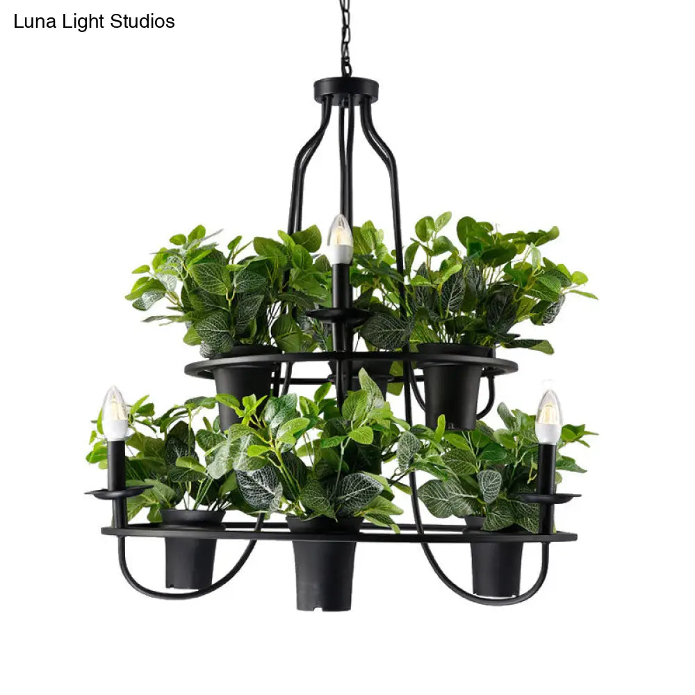 Vintage Bonsai Ceiling Chandelier With Iron Pendant Light In Black 3/6 Bulbs 1/2-Layer Design