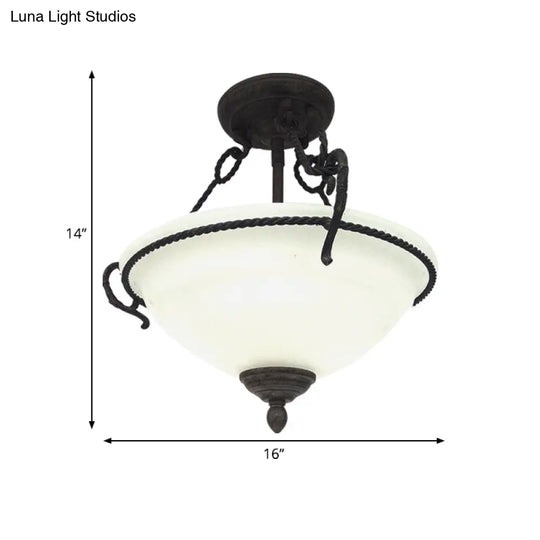 Vintage Bowl Semi-Mount Lighting 3-Light Cream Glass Flush Chandelier With Black Rope Detail