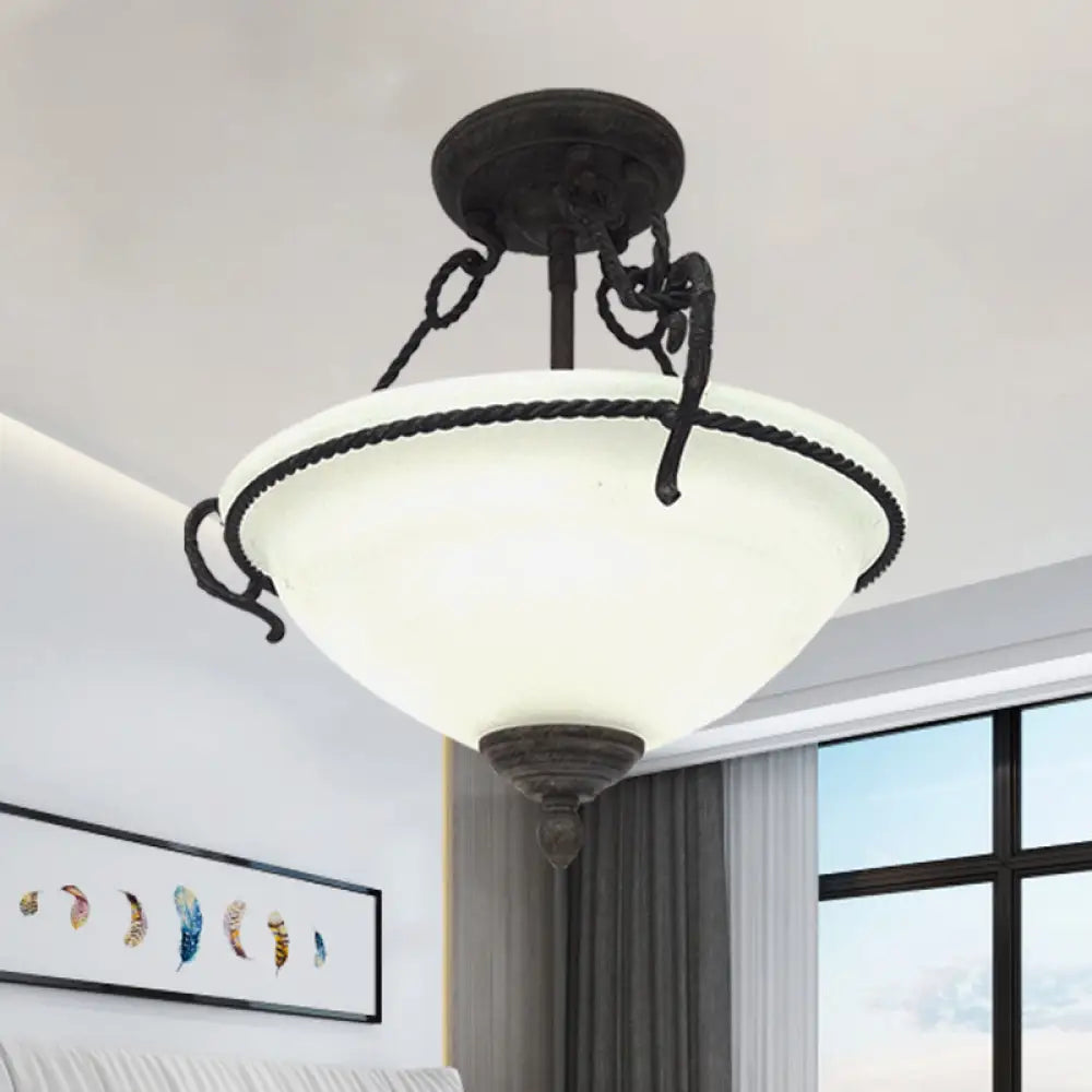 Vintage Bowl Semi - Mount Lighting – 3 - Light Cream Glass Flush Chandelier With Black Rope Detail