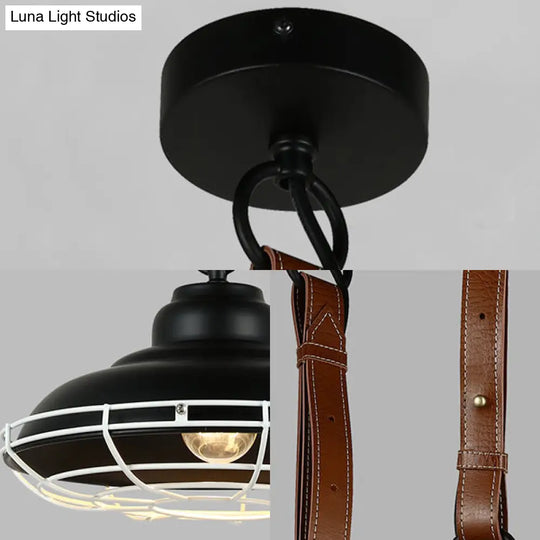 Vintage Bowl Shade Pendant Light With Wire Guard And Leather Strap In Black/White