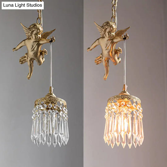 Vintage Brass Angle Pendant Lamp - Bedroom Lighting With Crystal Drip Accent