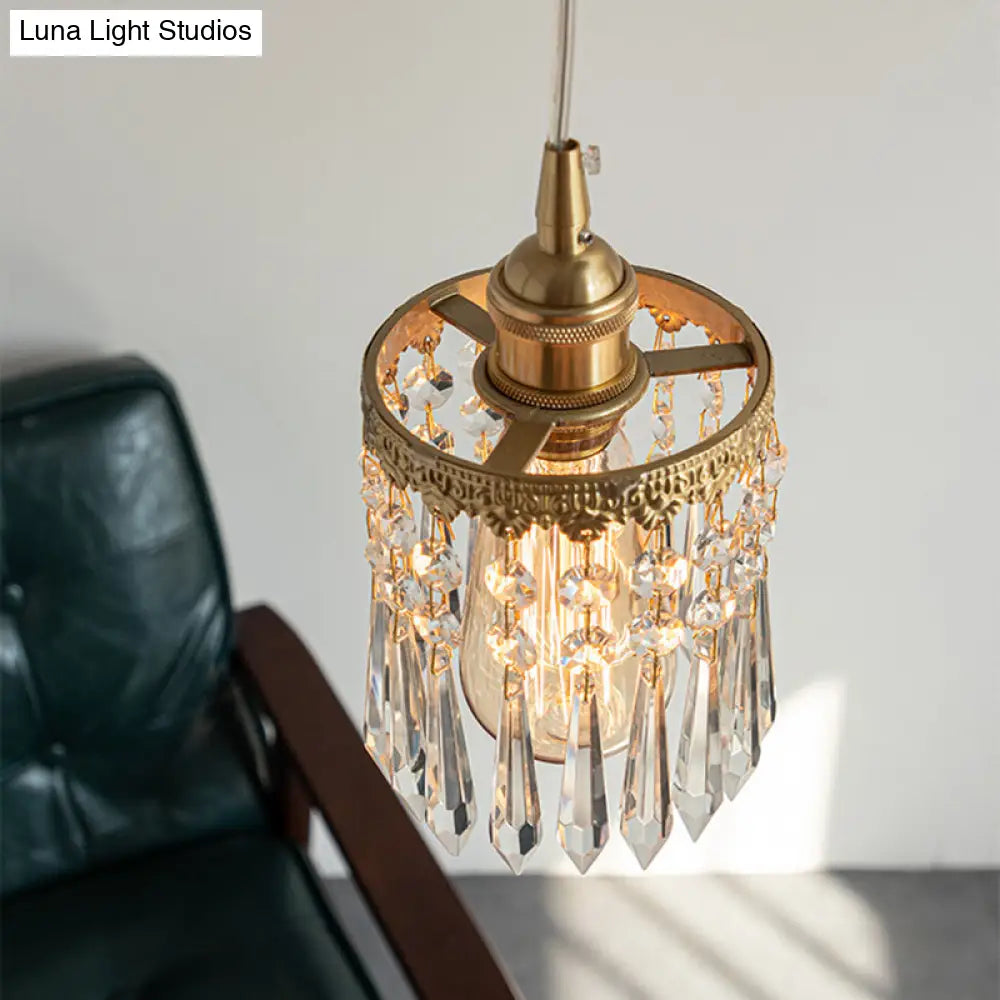 Vintage Brass Angle Pendant Lamp - Bedroom Lighting With Crystal Drip Accent