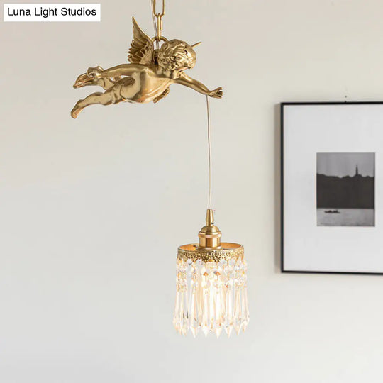 Vintage Brass Angle Pendant Lamp - Bedroom Lighting With Crystal Drip Accent