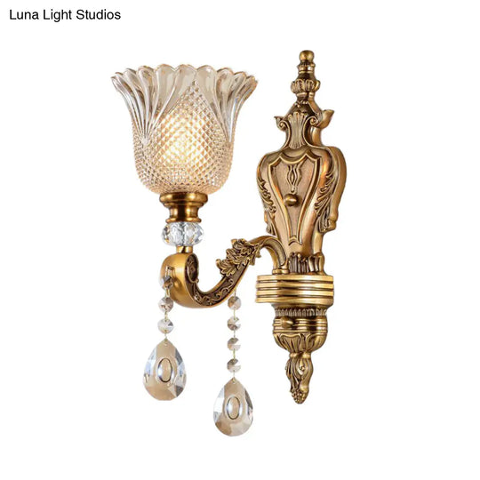 Vintage Brass Bell Wall Sconce With Beveled Crystal Head - Bedroom Light Fixture