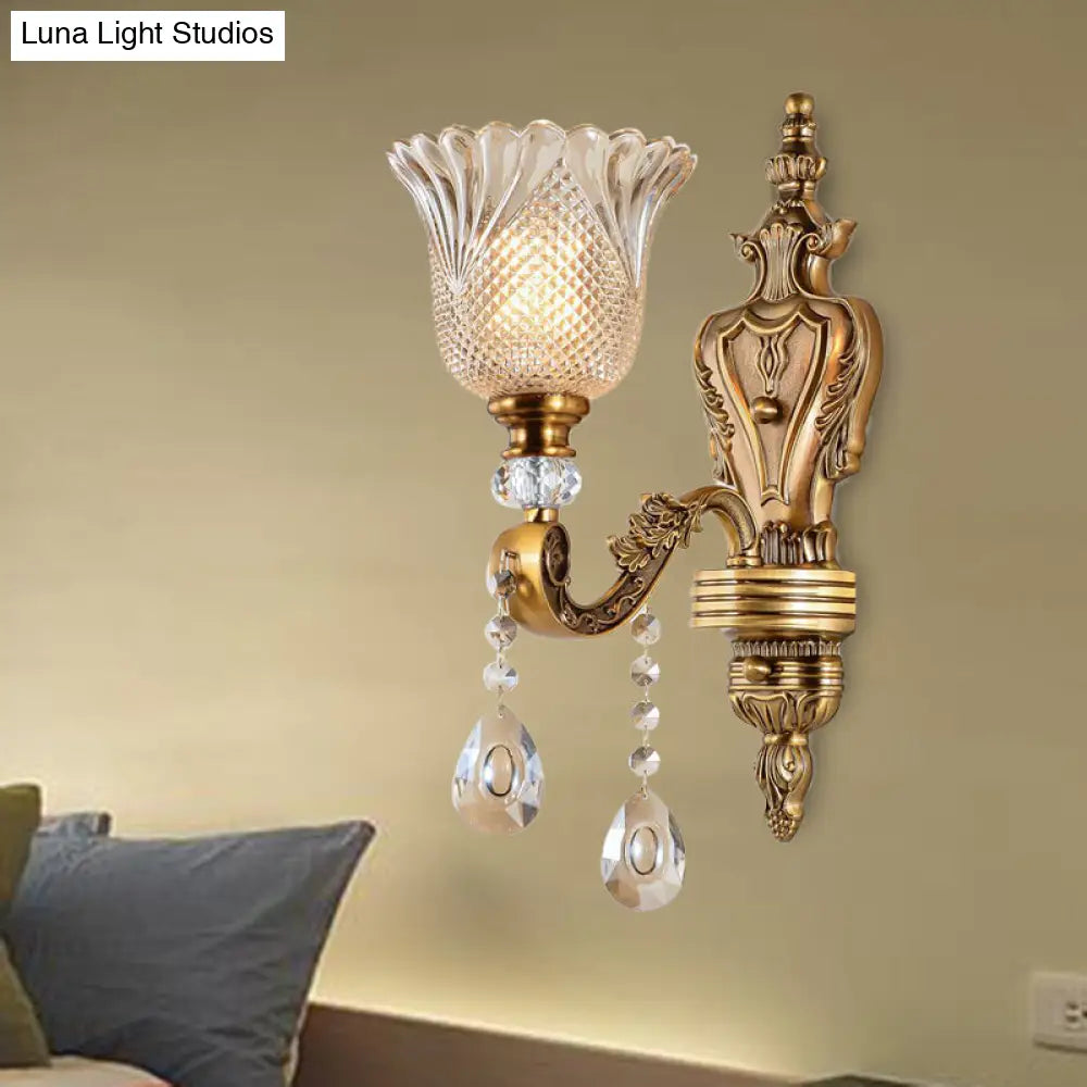 Vintage Brass Bell Wall Sconce With Beveled Crystal Head - Bedroom Light Fixture