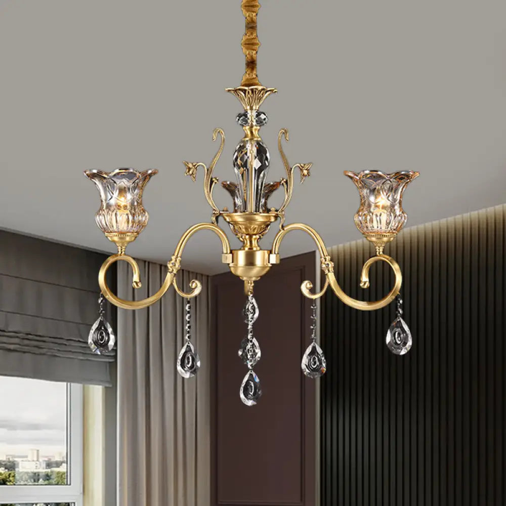 Vintage Brass Bellflower Hanging Chandelier With Clear Glass 3 Bulbs Scroll Arm And Crystal Drops