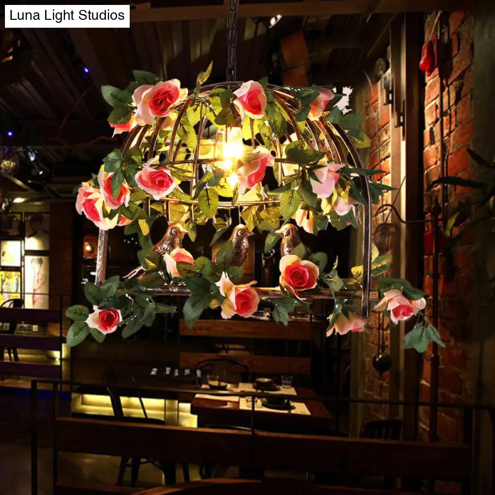 Antique Brass Birdcage Pendant Lamp - Led Flower Suspension Light For Restaurants
