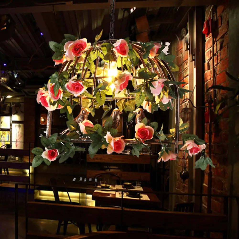 Vintage Brass Birdcage Pendant Lamp With Led Flower Light Ideal For Restaurants