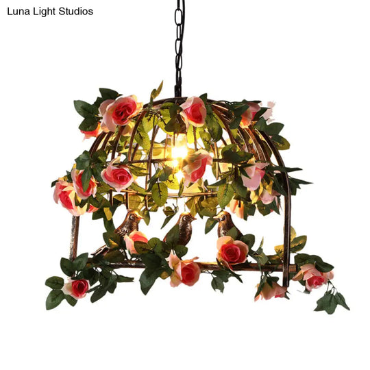 Antique Brass Birdcage Pendant Lamp - Led Flower Suspension Light For Restaurants