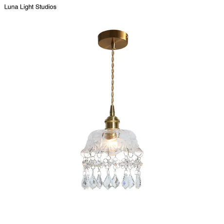 Vintage Brass Ceiling Pendant Light With Clear Glass Flower Design And Teardrop Crystals