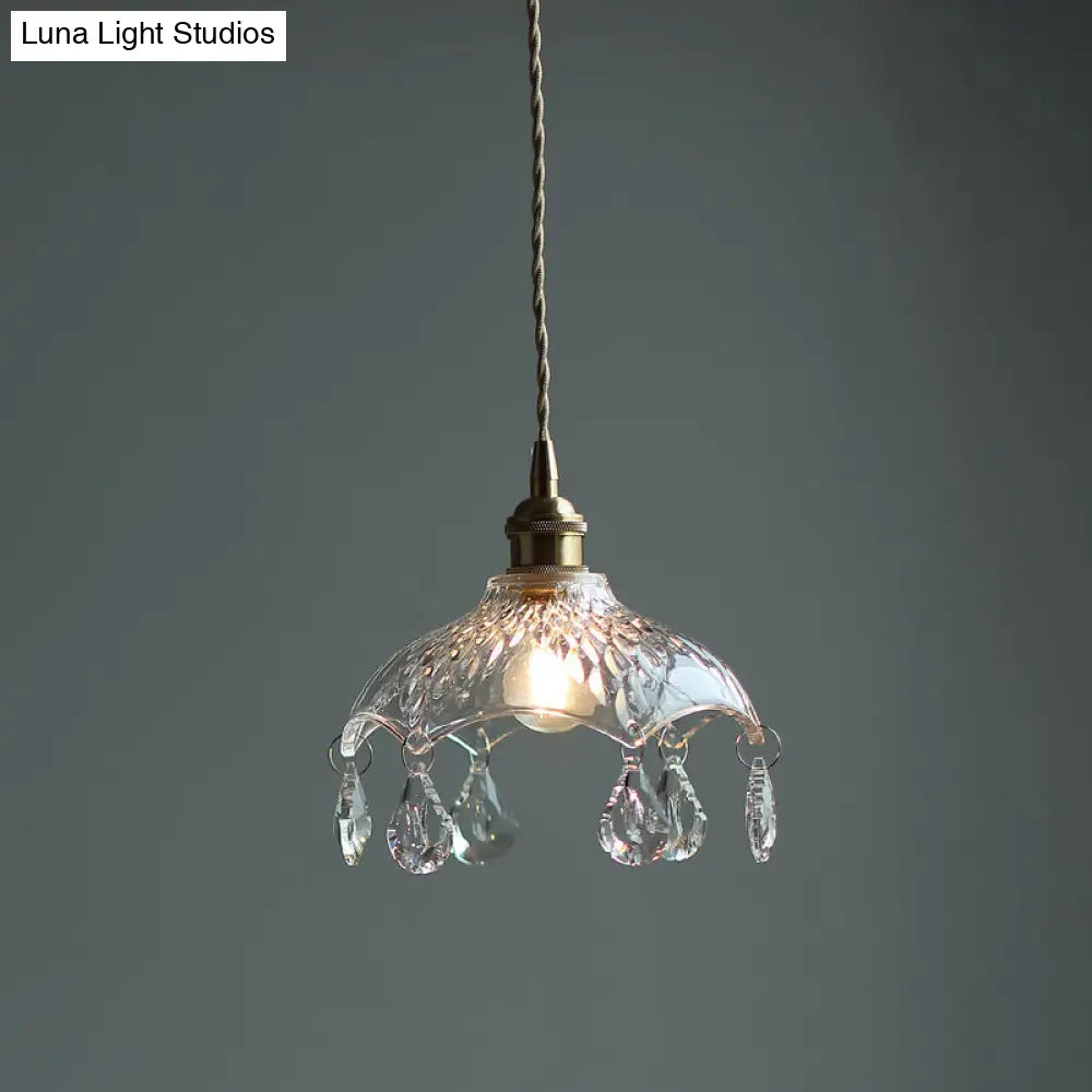 Vintage Brass Ceiling Pendant Light With Clear Glass Flower Design And Teardrop Crystals