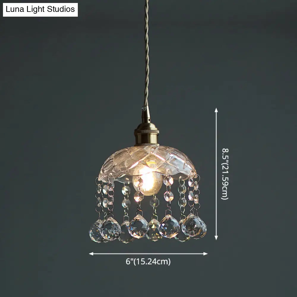 Vintage Brass Ceiling Pendant Light With Clear Glass Flower Design And Teardrop Crystals