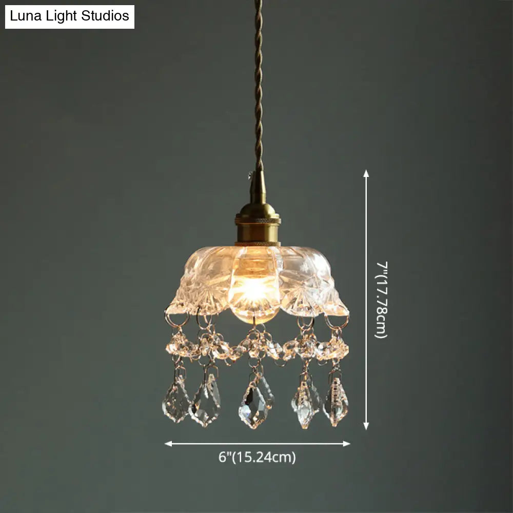 Vintage Brass Ceiling Pendant Light With Clear Glass Flower Design And Teardrop Crystals