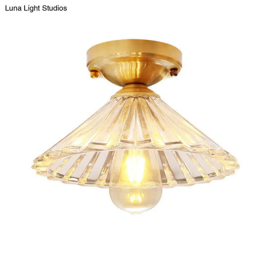 Vintage Brass Cone Flush Mount Lamp With Clear Striped Glass Shade - 1 Light Ceiling Fixture