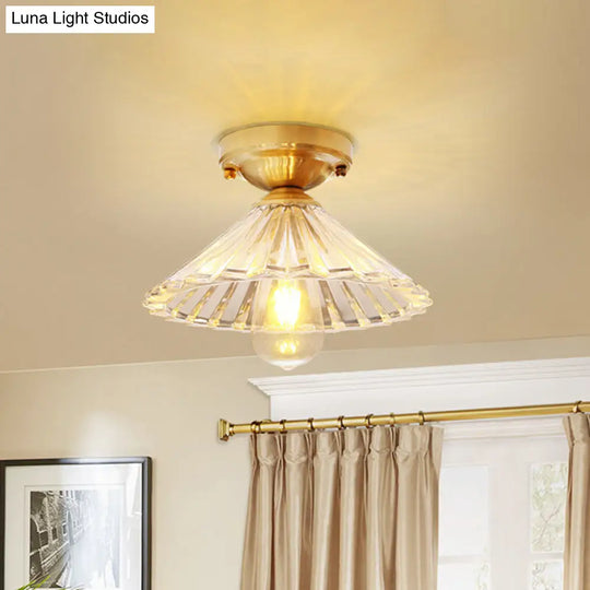 Vintage Brass Cone Flush Mount Lamp With Clear Striped Glass Shade - 1 Light Ceiling Fixture
