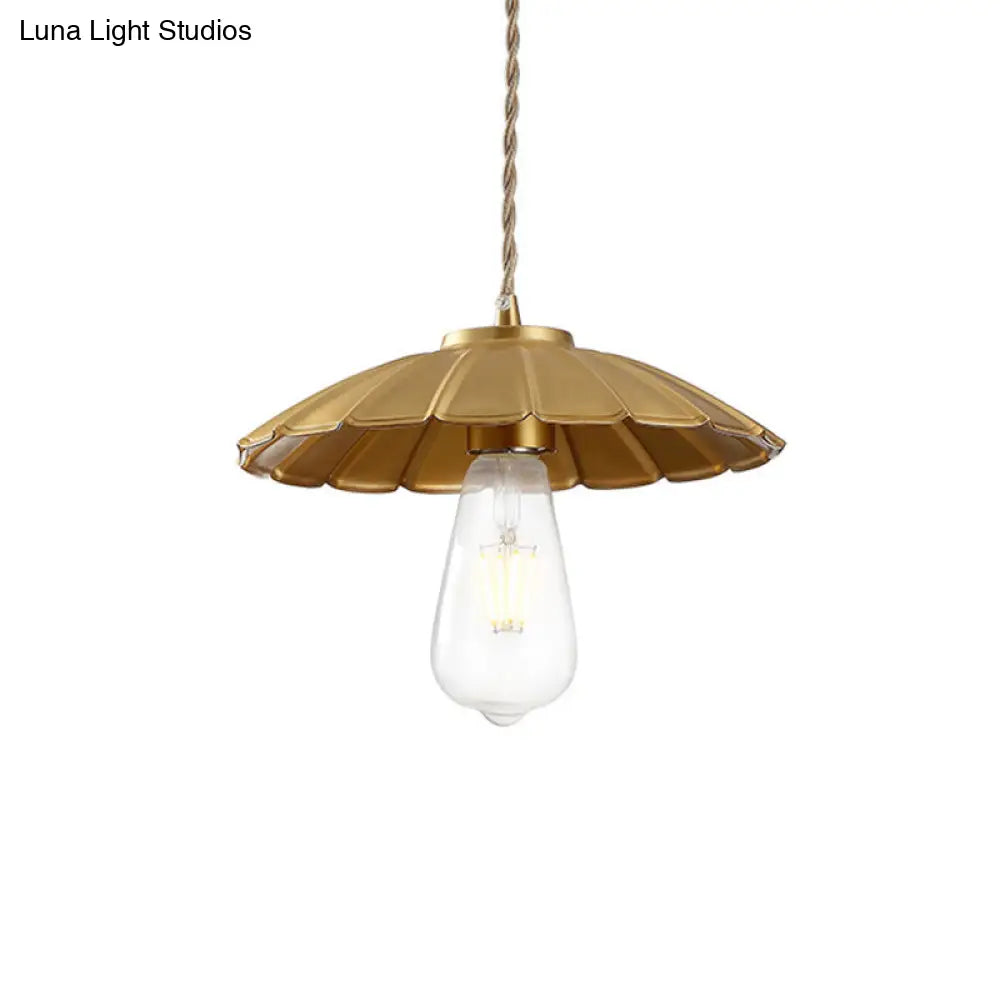 Vintage Brass Cone Pendant Lamp - Adjustable Cord Bedroom Hanging Light 1-Light Metal Fixture