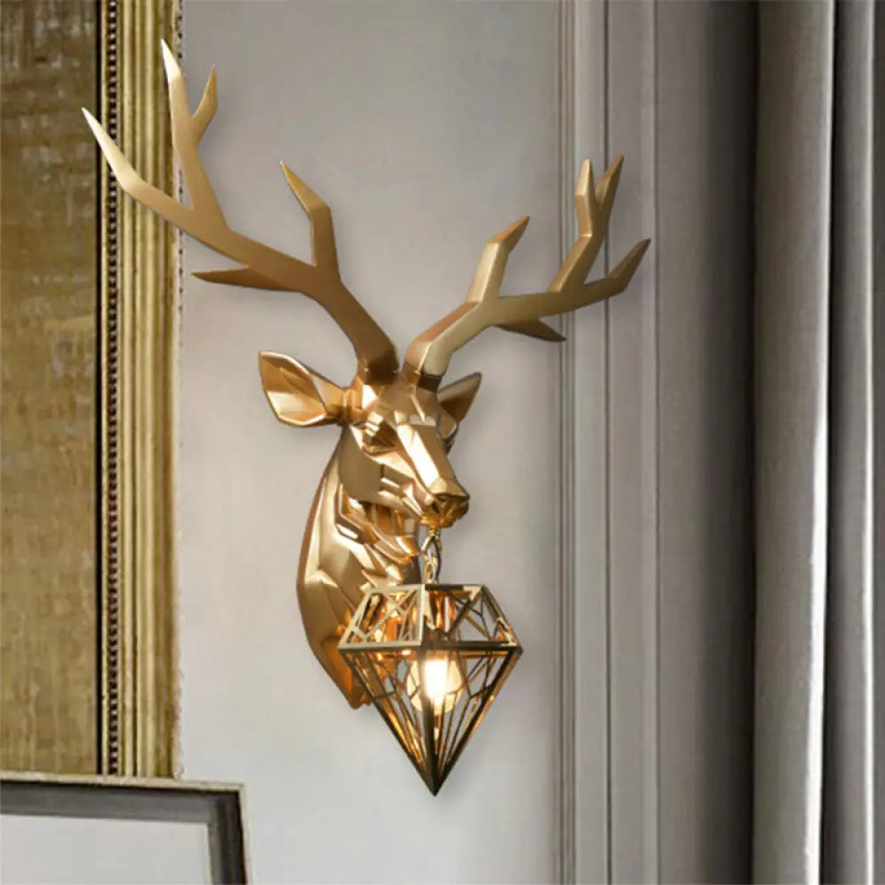 Vintage Brass Deer Resin Sconce Light - Wall Mount With Diamond Metal Shade / 14.5