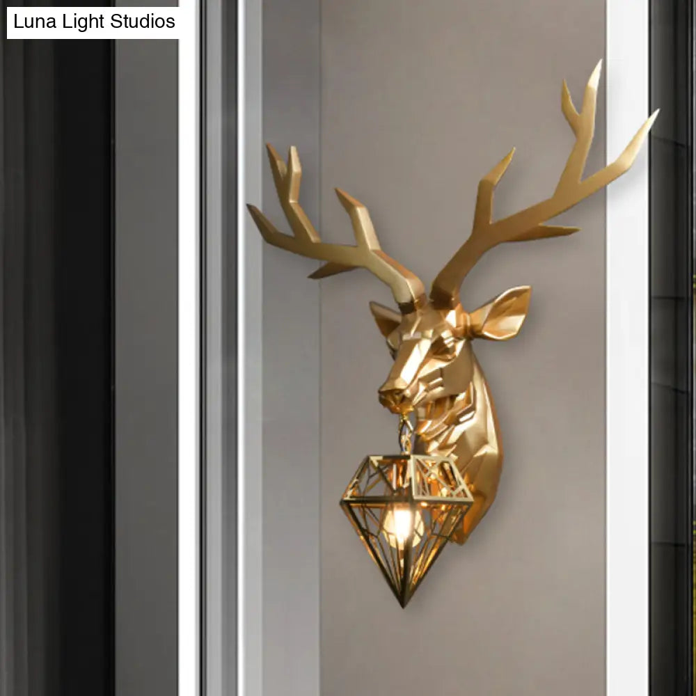 Vintage Brass Deer Resin Sconce Light - Wall Mount With Diamond Metal Shade