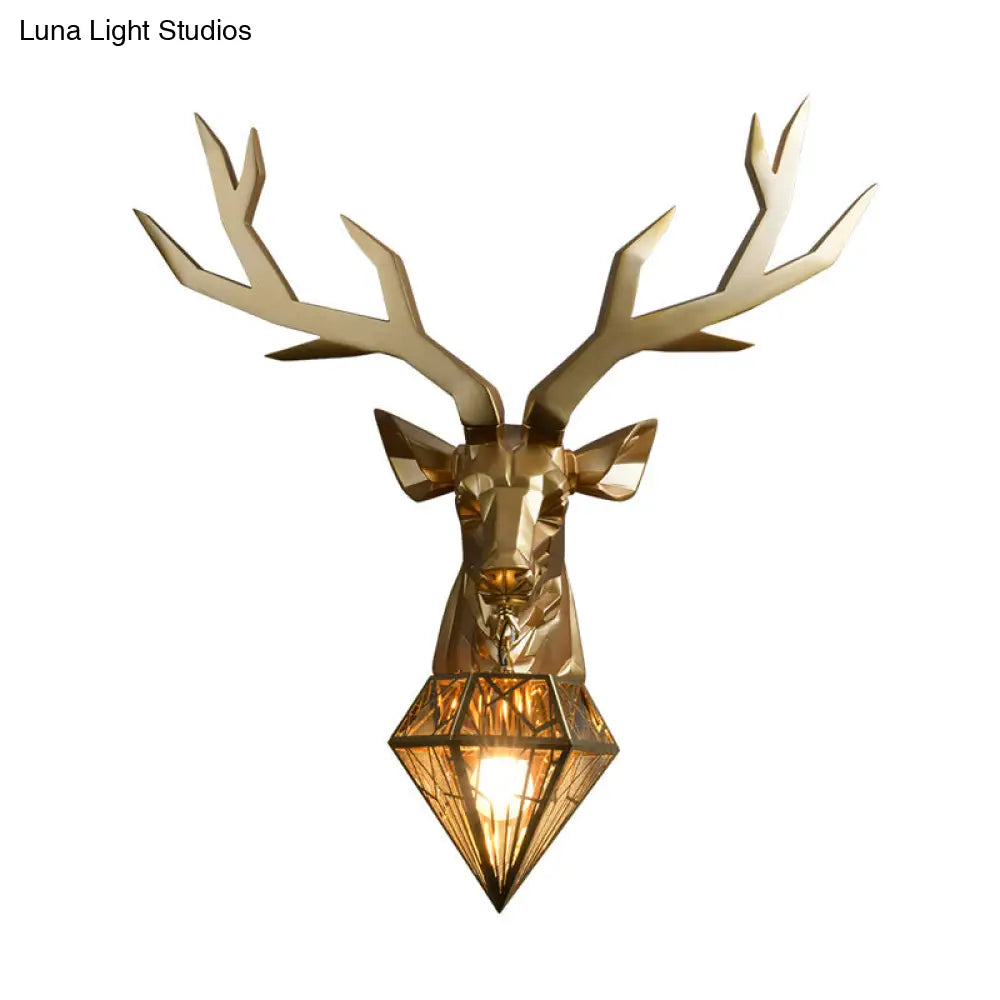 Vintage Brass Deer Resin Sconce Light - Wall Mount With Diamond Metal Shade