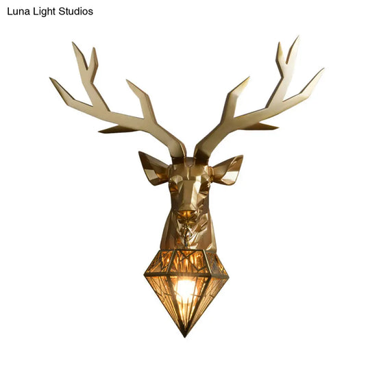 Vintage Brass Deer Resin Sconce Light - Wall Mount With Diamond Metal Shade