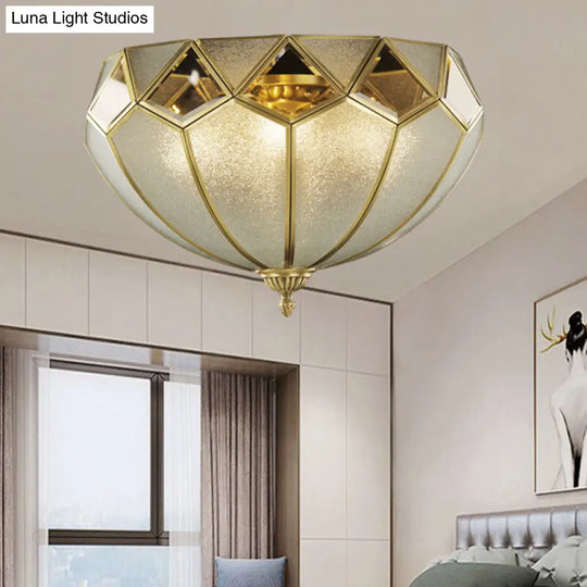 Vintage Brass Dome Flush Light Fixture With Clear Glass For Bedroom - 4-Light Ceiling Lamp