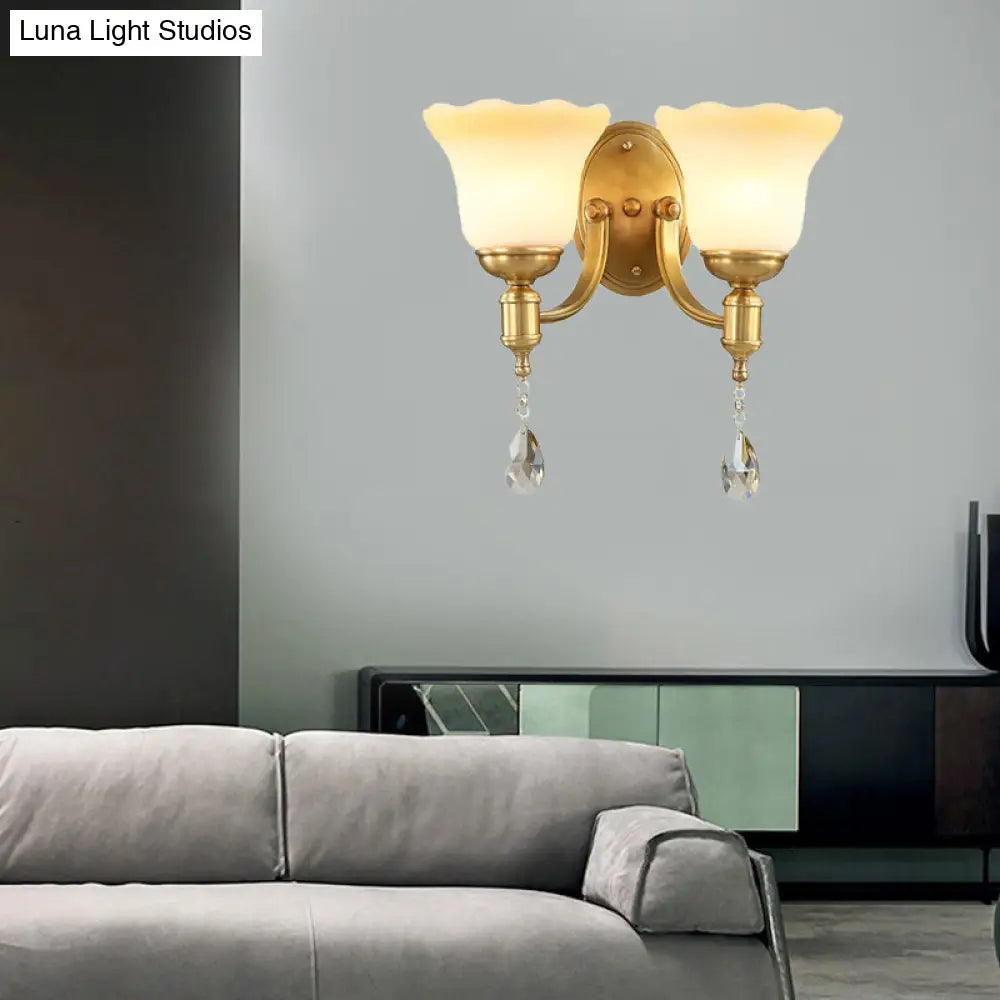 Vintage Brass Finish Wall Sconce With Frosted Glass Shade - Bedroom Mount Lamp