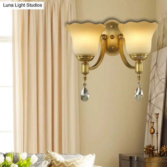 Vintage Brass Finish Wall Sconce With Frosted Glass Shade - Bedroom Mount Lamp