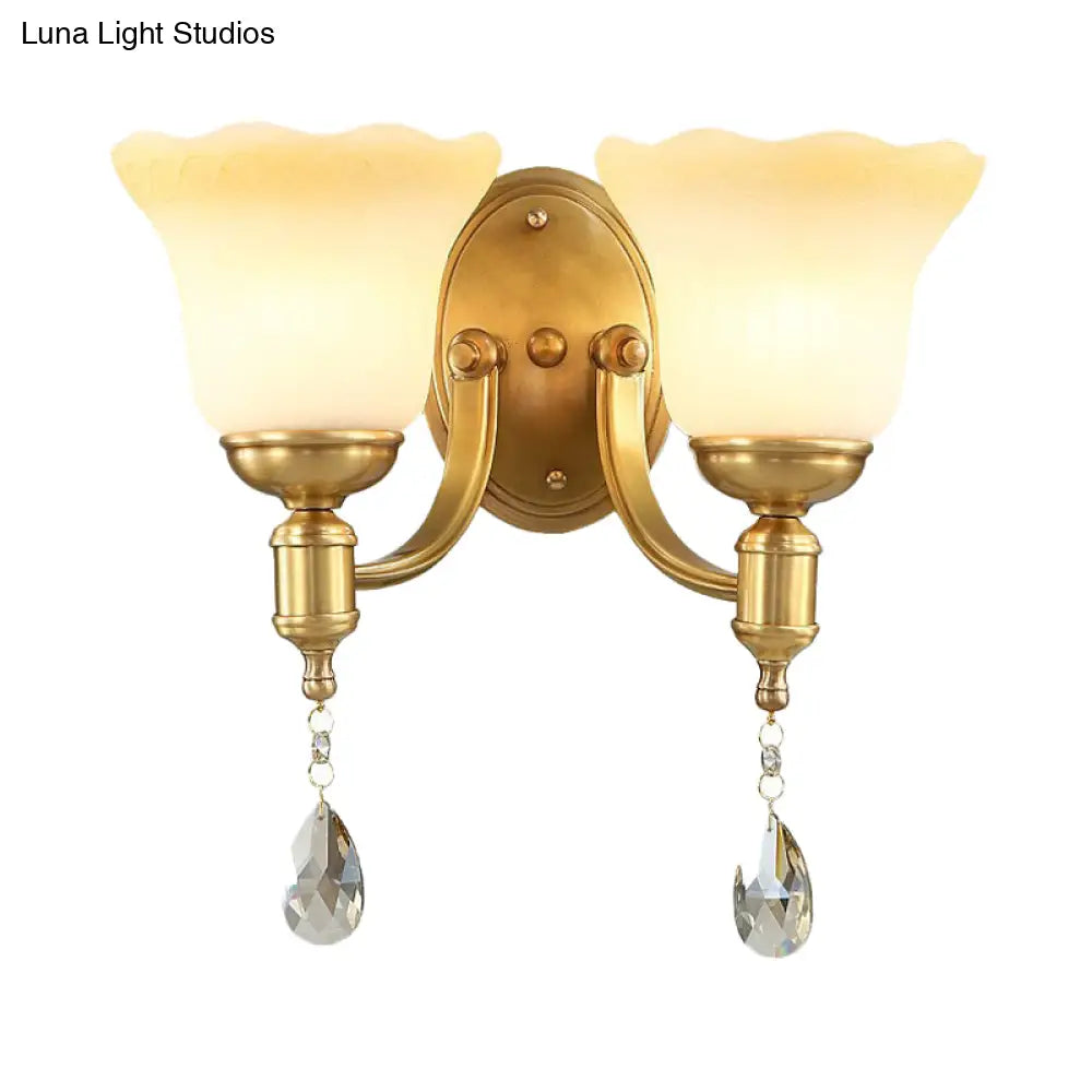 Vintage Brass Finish Wall Sconce With Frosted Glass Shade - Bedroom Mount Lamp