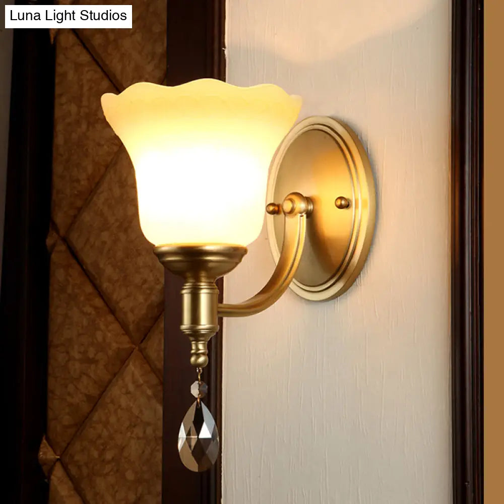 Vintage Brass Finish Wall Sconce With Frosted Glass Shade - Bedroom Mount Lamp