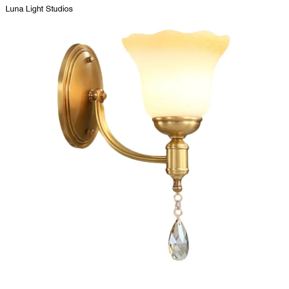 Vintage Brass Finish Wall Sconce With Frosted Glass Shade - Bedroom Mount Lamp